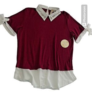 Misia Top Women Burgundy blouse with bedazzled collar Size L Contrast White